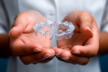 Orthodontic aligners in a dentistâ€™s hands, holding clear, removable aligners used for straightening teeth, representing modern orthodontic treatments