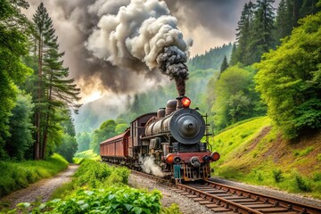 Vintage steam locomotive chugs along rusty tracks, emitting puffs of white smoke, surrounded by lush greenery and old wooden railroad ties in a serene rural landscape.