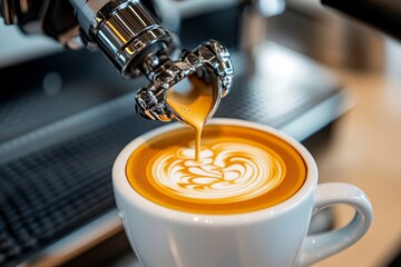 Robot barista serving coffee in a sleek, futuristic cafÃ©, with a robot arm perfectly pouring a latte and creating intricate designs in the foam