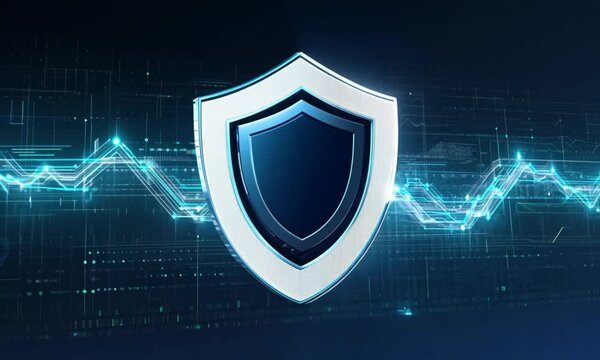 Cyber security shield icon with futuristic digital background.