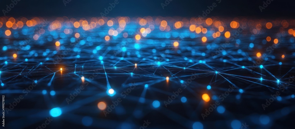 Wall mural abstract digital network of glowing lines and dots in blue and orange.