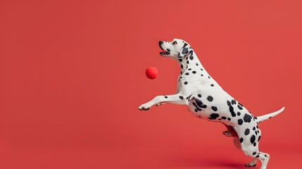 A dalmatian dog is jumping up, catching a red ball against a red background.