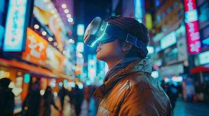 Young man in a VR headset explores the futuristic city landscape, immersed in the digital world. The vibrant neon lights create a surreal and captivating backdrop.