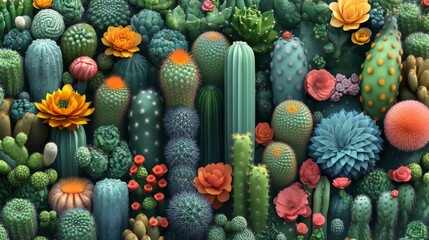 Fototapeta premium Colorful Desert Cactus Garden with Blooming Flowers