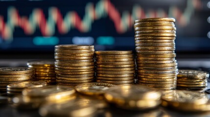 Stacked Gold Coins with Stock Market Chart in Background