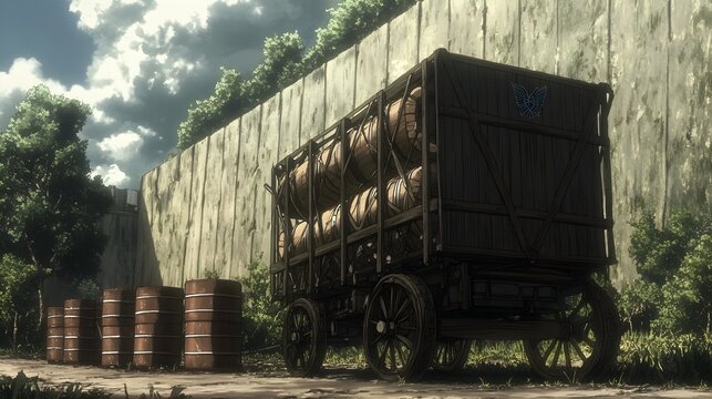 Detailed Close Up of a Practical Wartime Styled Military Supply Cart Loaded with Crates and Barrels Stationed Near a Guard Post with Towering Walls Looming in the Background