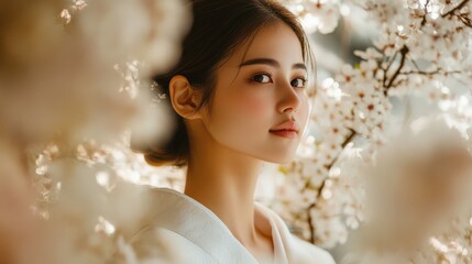Fototapeta premium 日本の桜に囲まれた優雅な花嫁 - 結婚式のポスターやカードに最適