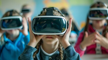 Group of children wearing VR headsets, exploring the world of virtual reality in the classroom.