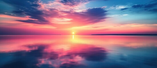 Fototapeta premium Vibrant sunset over a calm ocean with reflections of clouds and the sun in the water.