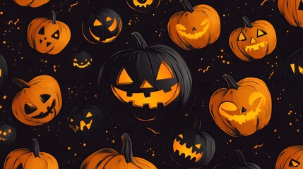 Spooky black pumpkin face, festive Halloween celebration, orange jack-o'-lanterns, seamless Halloween pattern