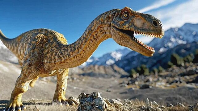 A dinosaur walks through a rocky terrain, mountains in the background.