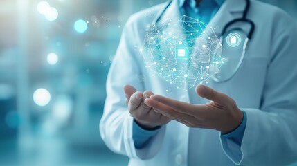 Doctor holding out hand with digital health data floating above it