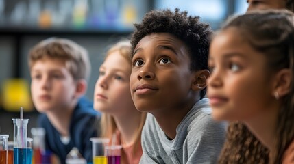 A young boy with dark skin looks up in a classroom, surrounded by his classmates