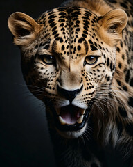 Fototapeta premium professional photo of leopard roaring front view in a dark room black background close up