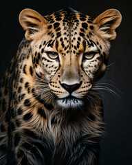 Fototapeta premium professional photo of leopard front view standing in a dark room black background close up half body