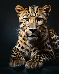 Obraz premium professional photo of leopard front view sitting in a dark room black background close up