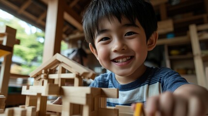 伝統的な家屋で日本の子供たちが大工の技を披露