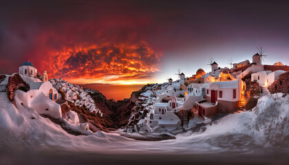 Breathtaking sunset over Santorini, Greece, with iconic whitewashed houses and windmills.