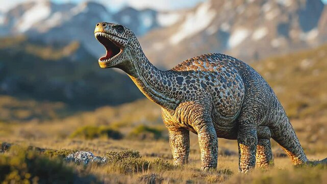 A long-necked dinosaur stands in a field of grass, with mountains in the background.