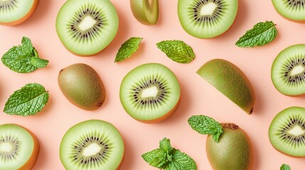 Fototapeta premium Kiwi slice fruit and fresh mint leaves natural organic arranged pattern seamless diagonal layout