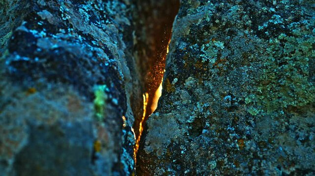 A close-up view of two ancient stone surfaces, with a small gap where sunlight gently filters through, revealing fine dust particles illuminated in the light. 8k