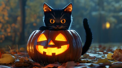 Black cat in Jack O Lantern pumpkin, Happy Halloween 3d illustration