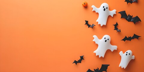 Happy halloween holiday concept. Halloween decorations, bats, ghosts on orange background