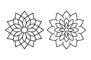 A simple black and white mandala illustration featuring intricate floral patterns and geometric shapes.