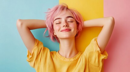 Fototapeta premium Blissful Young Woman with Pink Hair Enjoying Peaceful Moment in Studio