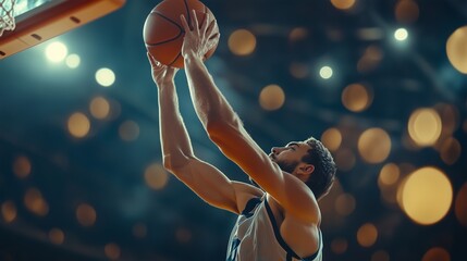 Dynamic basketball player jumping towards the hoop under vibrant lights in an energetic game atmosphere.