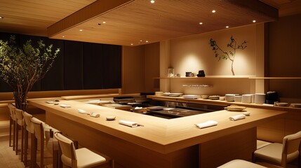 Elegant sushi restaurant interior featuring a wooden counter, minimalistic design, and warm lighting inviting a serene dining experience.