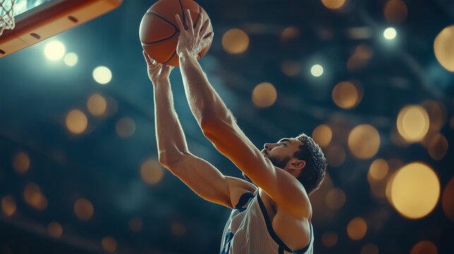 Dynamic basketball player jumping towards the hoop under vibrant lights in an energetic game atmosphere.