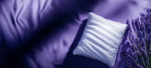 A deep sleep pillow surrounded by lavender sprigs, a soft light casting gentle shadows, the image exudes calmness, deep sleep pillow, lavender relaxation