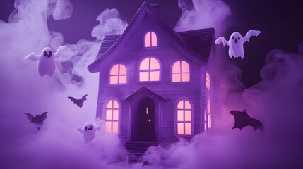 A pastel purple haunted house with glowing windows surrounded by little flying ghosts and bats