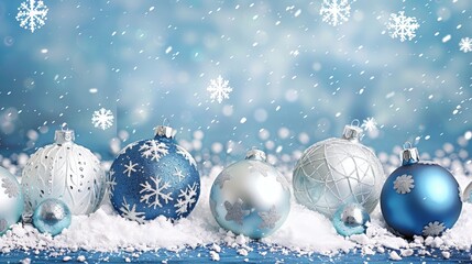 Blue and Silver Christmas Ornaments in the Snow