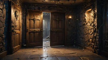 Obraz premium Ajar Wooden Door Leading to Dark Hallway