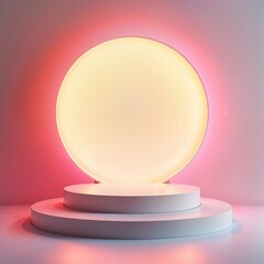 A Large Glowing Sphere on a White Pedestal with a Pink and Blue Gradient Background for Modern Art Displays and Visual Media