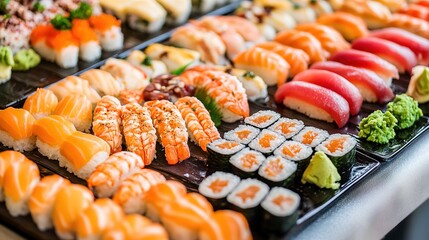 A vibrant and inviting scene depicting an array of delicious Japanese food served in a cozy local restaurant. The table is adorned with an enticing selection of traditional dishes, including sushi, 