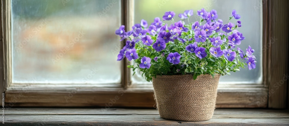 Sticker Potted purple flowers on a windowsill.