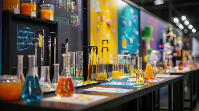 An exhibit booth at a science fair with interactive experiments.