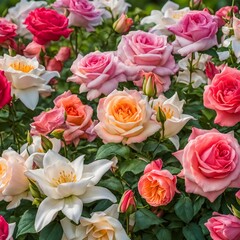 Vibrant spring garden filled with blooming roses and lilies showcasing colorful abundance
