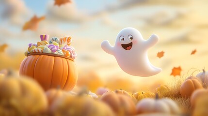 A cute pastel ghost flying over a pumpkin patch holding a candy bucket full of pastel sweets