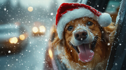 A cheerful Christmas dog, dressed in a festive Santa Claus costume, excitedly peeks his head out of the car window, tail wagging with joy.  