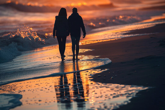 A Couple Walking Hand-in-Hand on the Beach at Sunset, Seen from Behind &ndash; Soft Side Lighting Casts Their Shadows on the Shore, Creating a Romantic Atmosphere Enhanced by Watercolor-Style Waves
