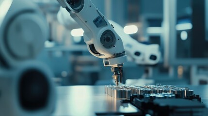 Fototapeta premium A robotic arm assembling parts with precision in a smart factory environment, highlighting cutting-edge tech.