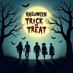 Children Adventuring Through a Spooky Forest Under a Full Moon with Bats, Ideal for Halloween-Themed Projects