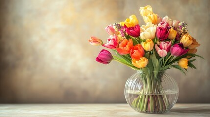 Fototapeta premium A vibrant bouquet of spring flowers in a clear vase, with a neutral background and plenty of room for text