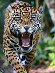 Obraz premium Majestic Jaguar Roaring in Lush Greenery