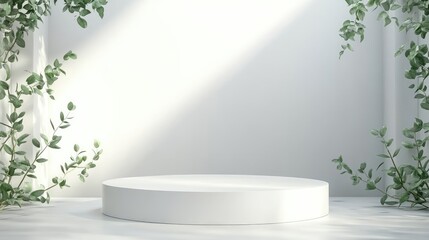 White Cylinder Podium with Greenery and Sunlight