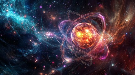 Glowing Futuristic Atom Model in Cosmic Space - Abstract Science Concept with Illuminated Nucleus and Electrons